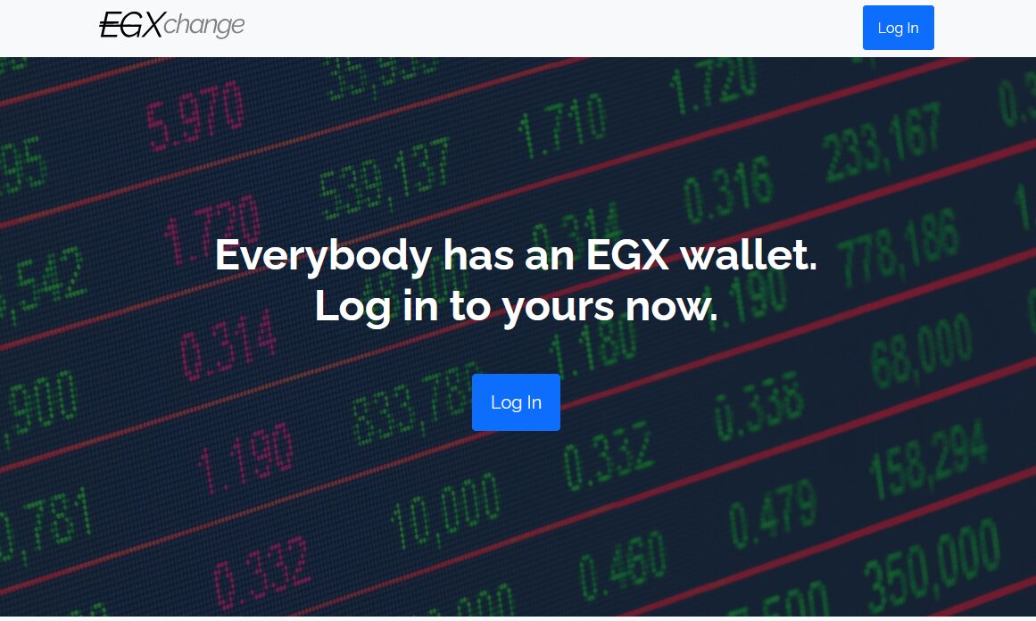 Full image of Screenshot showing EGXchange, saying "everybody has an EGX wallet, log in to yours now".