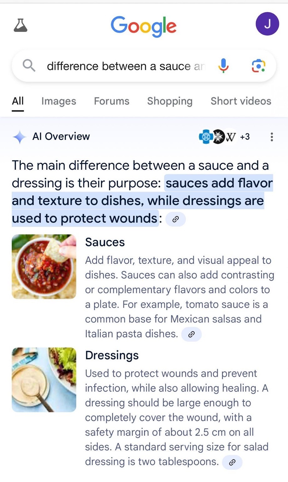 Full image of Google AI, confidently stating that the difference between a sauce and a dressing is that sauces add flavour and texture to dishes, while dressings are used to protect wounds. It goes on to say that a dressing should be large enough to cover a wound: a standard serving size is two tablespoons.