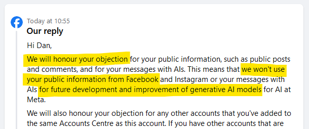 Screenshot of a Facebook message, including the text "we will honour your objection... we won't use your public information from Facebook... for future development and improvement of generative AI models"