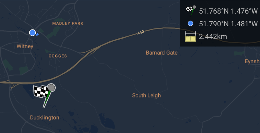 Full image of Map showing my location on Witney and a pin 2.5km away in a field outside Ducklington. Geohashpoint for tomorrow.
