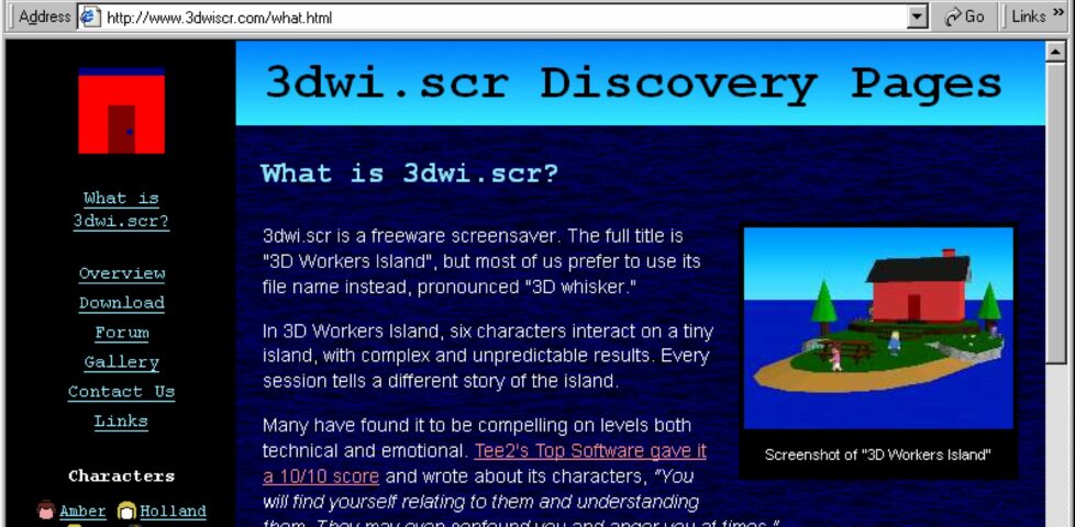 Fake screenshot of Internet Explorer 6 showing 3dwiscr.com/what.html, a web page about a freeware screensaver.