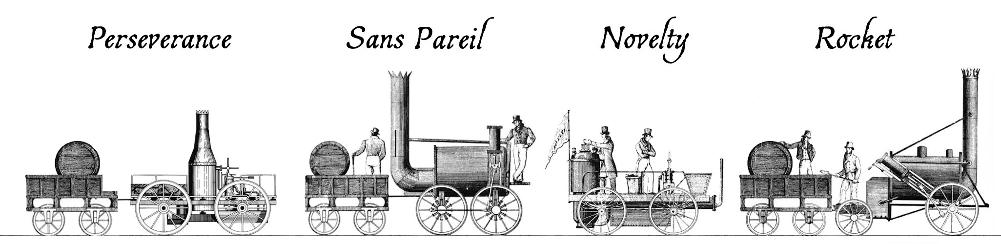 Full image of Collage of contemporary illustrations of the Perseverance, Sans Pareil, Novelty, and Rocket.