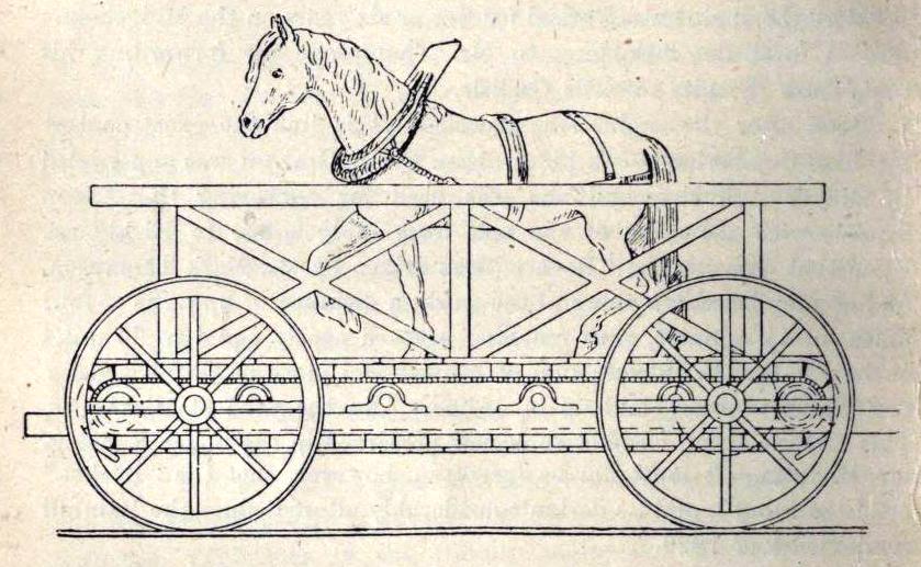 Full image of Thomas Shaw Brandreth's "Cycloped", a locomotive powered by a treadmill on which a horse walks.