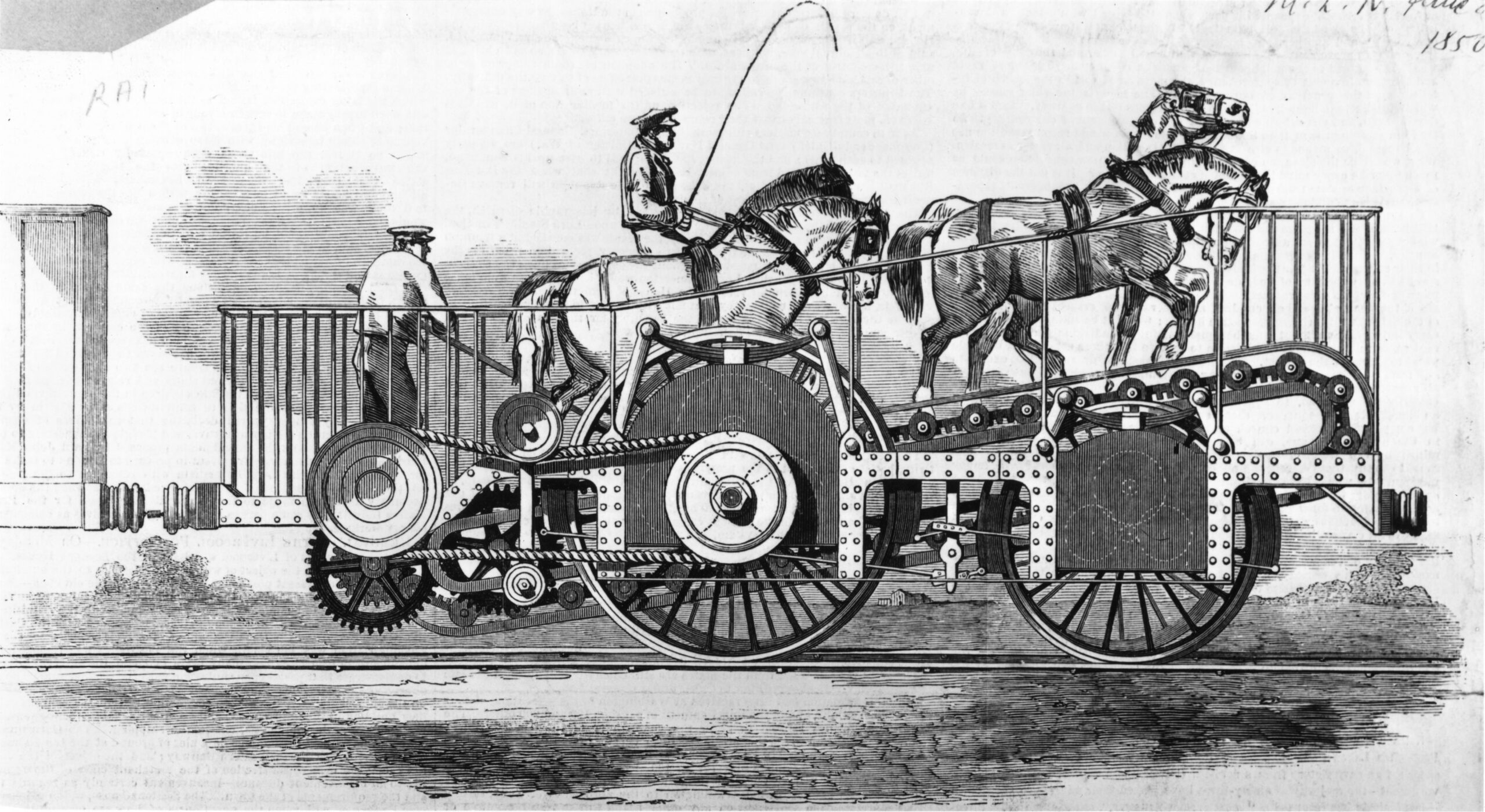 Full image of A locomotive featuring four horses climbing an inclined conveyor belt under the supervision of two humans.