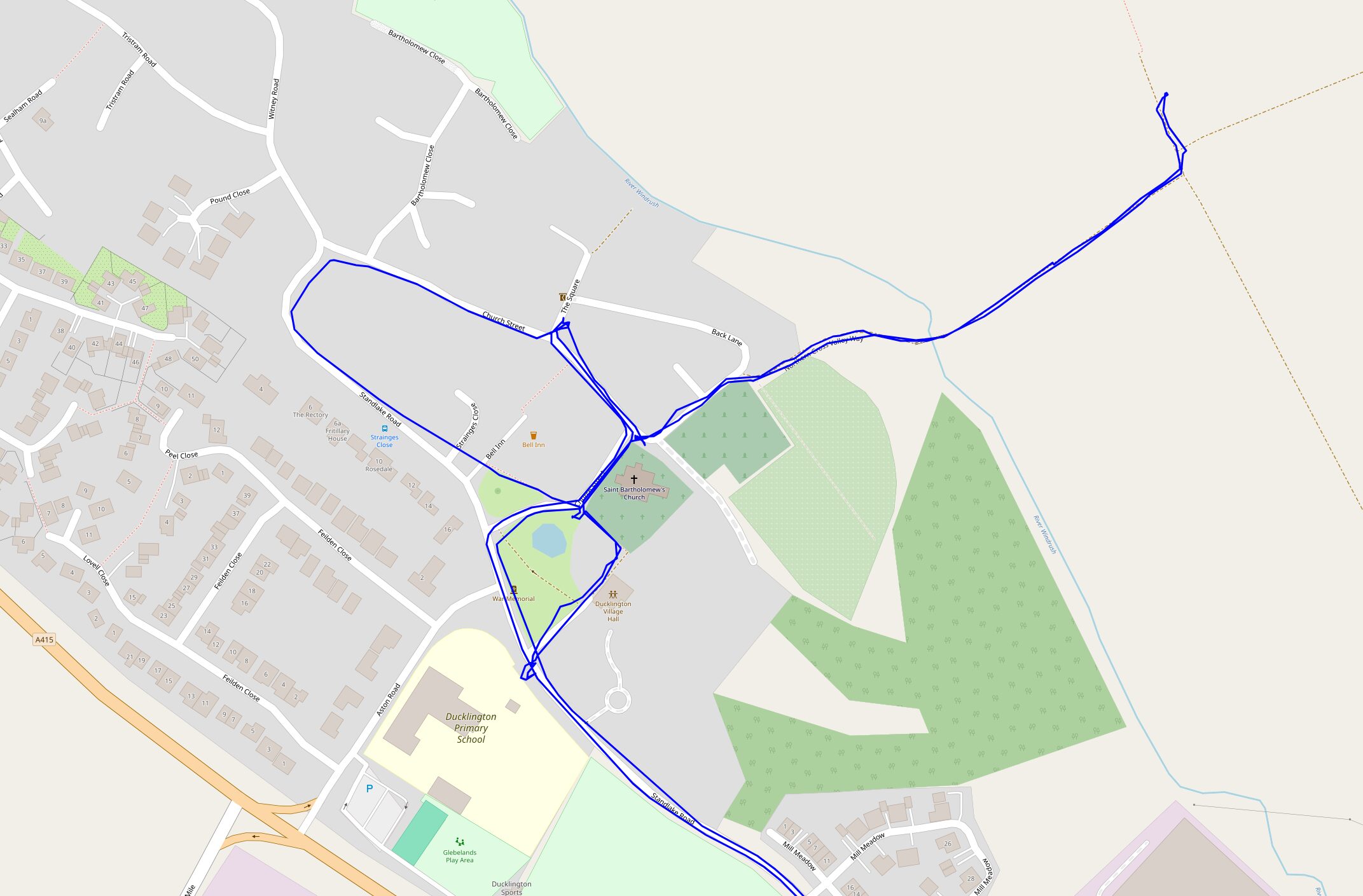 Full image of Map showing a walk around Ducklington, including out to near a field to the East and back.