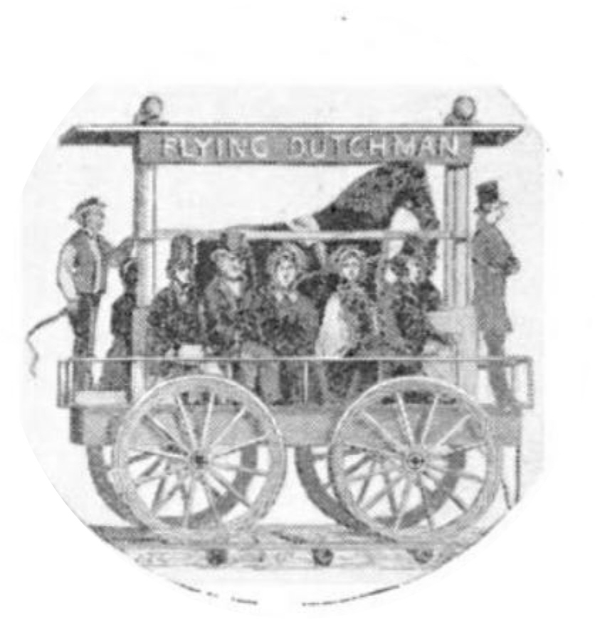 Full image of A railway carriage containing 12 passengers, two operators, and a horse, the latter of which powers the vehicle.