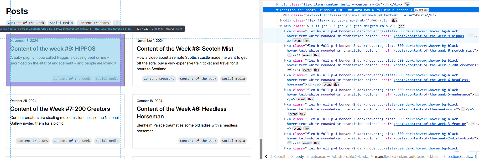Full image of Screenshot showing Inspect Element in use on Adam's blog.
