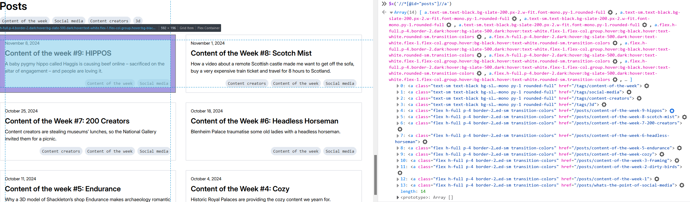 Full image of A browser's debug console executes $x('//*[@id="posts"]//a') , and gets 14 results.