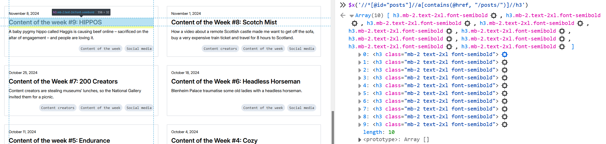 Full image of An XPath query identifying the titles of the posts.