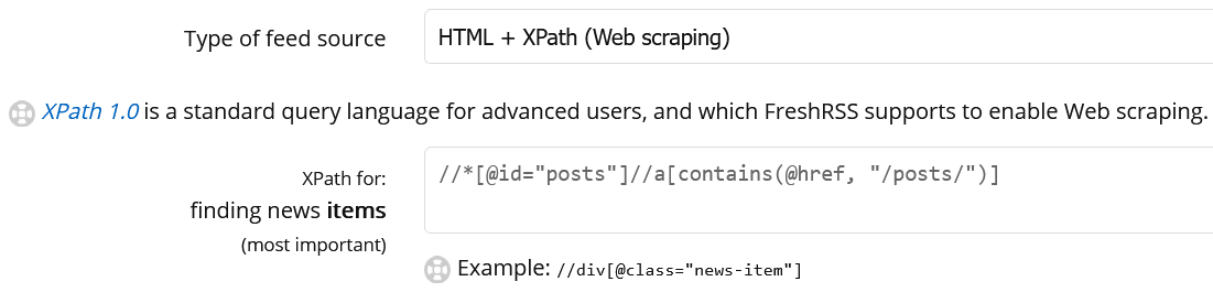 Full image of FreshRSS XPath feed configuration page showing my new query in the appropriate field.