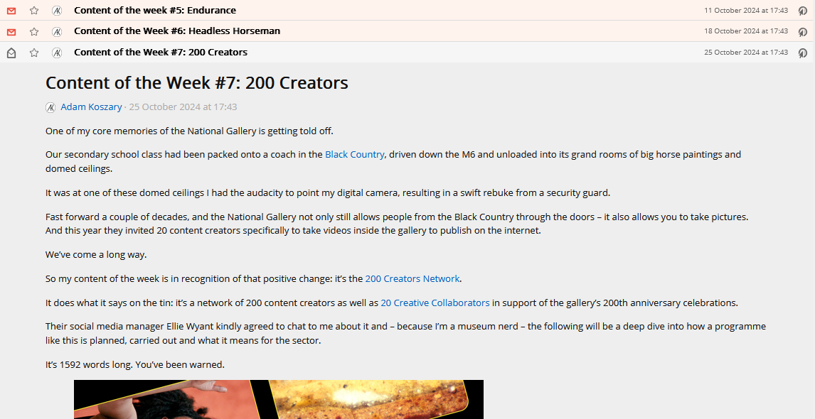 Full image of Adam's blog post "Content of the Week #7: 200 Creators" viewed in FreshRSS.