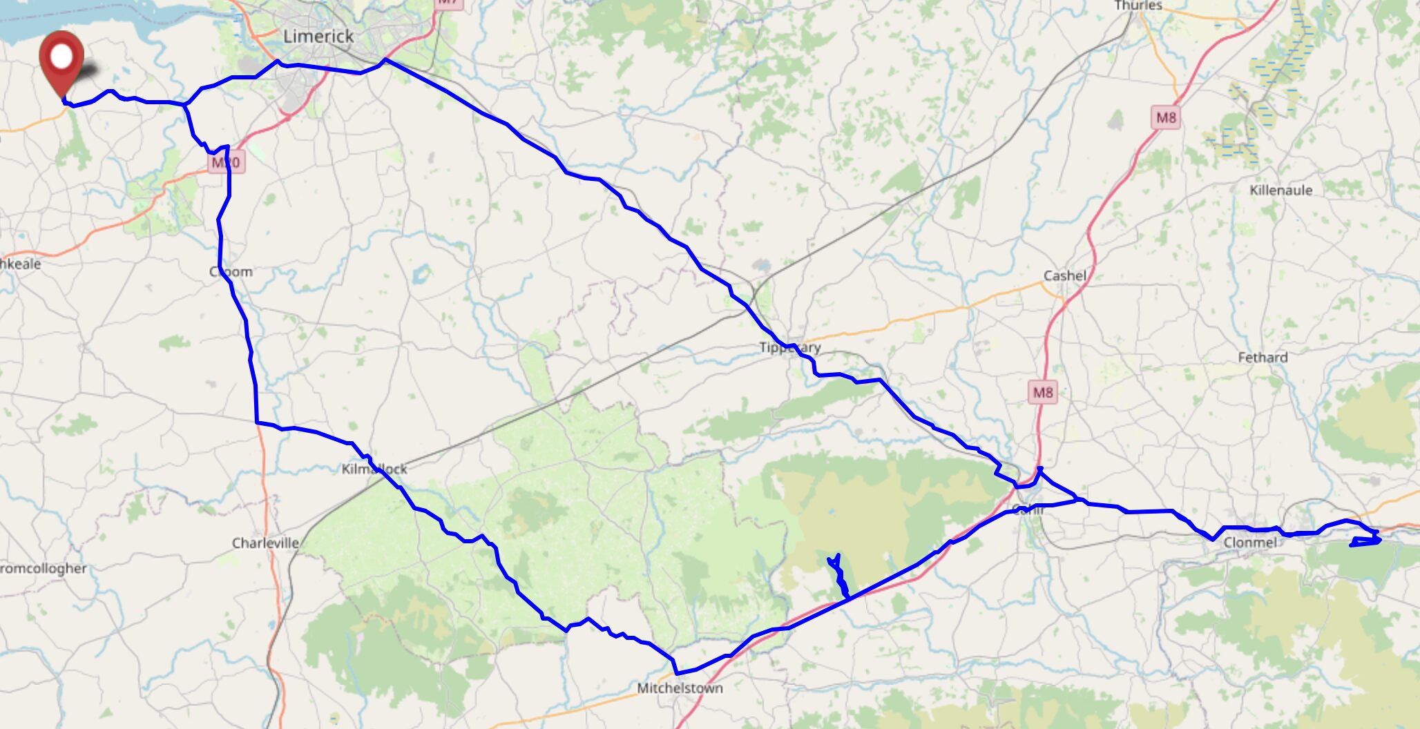 Full image of Map showing a journey from West of Limerick to the hashpoint and then back via a more-Southerly route.