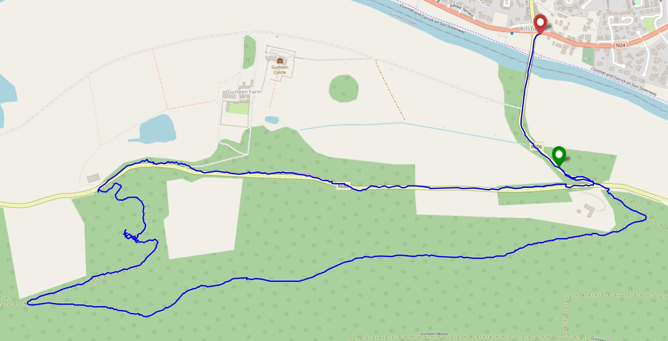 Full image of Map showing a walking route from Kilsheelan, over a bridge to the South, up into and around the forest, and back again.