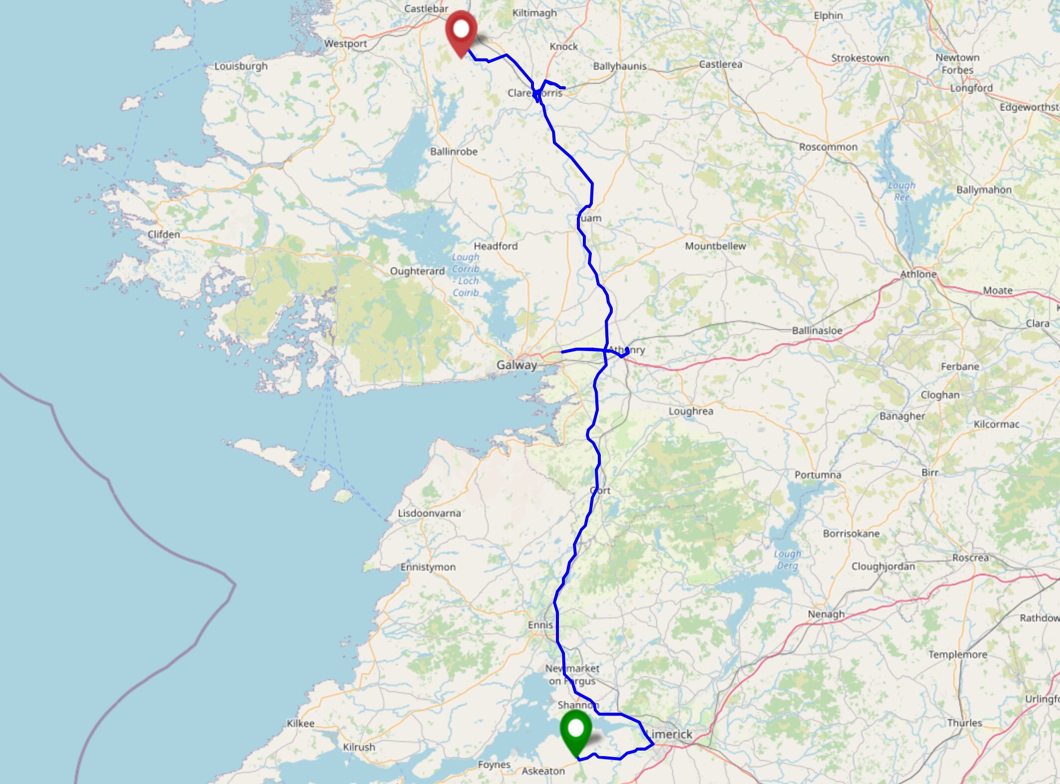 Full image of Map showing a journey up the West coast of Ireland.