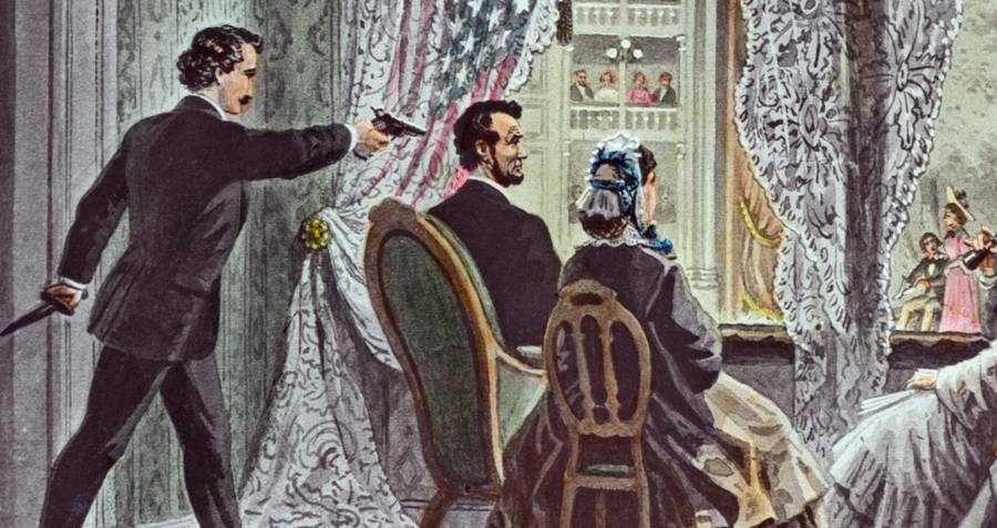 John Wilkes Booth takes aim at Abraham Lincoln in a theatre. Colour painting.