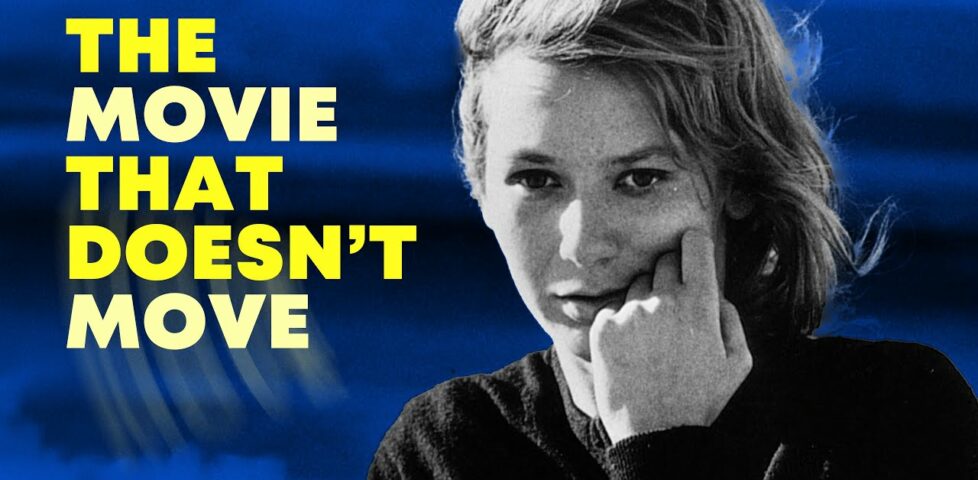Title page from a video called "The Movie That Doesn't Move", superimposing text on a monochrome photo of a woman.