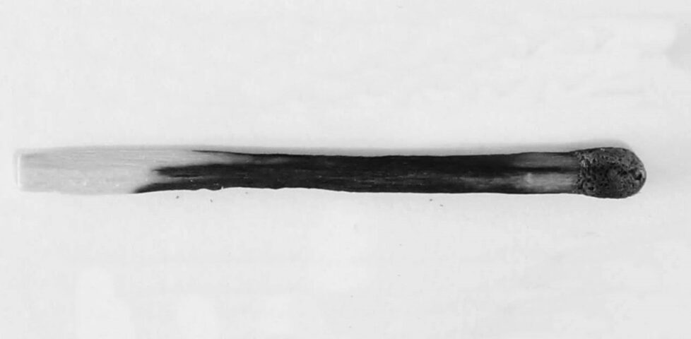 A matchstick, burned almost to the end.