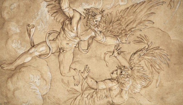 Cropped copy of Giulio Romano's Fall of Icarus, 16th century pen and brown ink depiction of Daedelus watching in horror as his son Icarus, who flew too close to the sun, falls away from him.