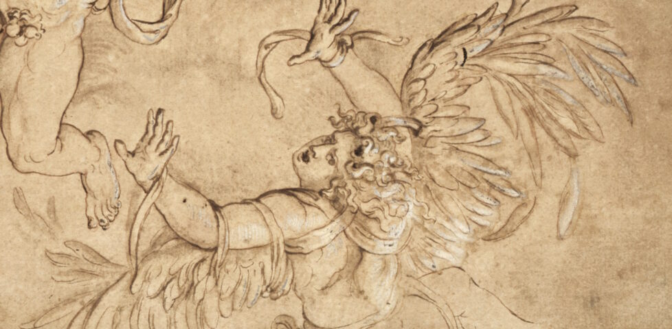 Cropped copy of Giulio Romano's Fall of Icarus, 16th century pen and brown ink depiction Icarus, who flew too close to the sun, falling away from his father.