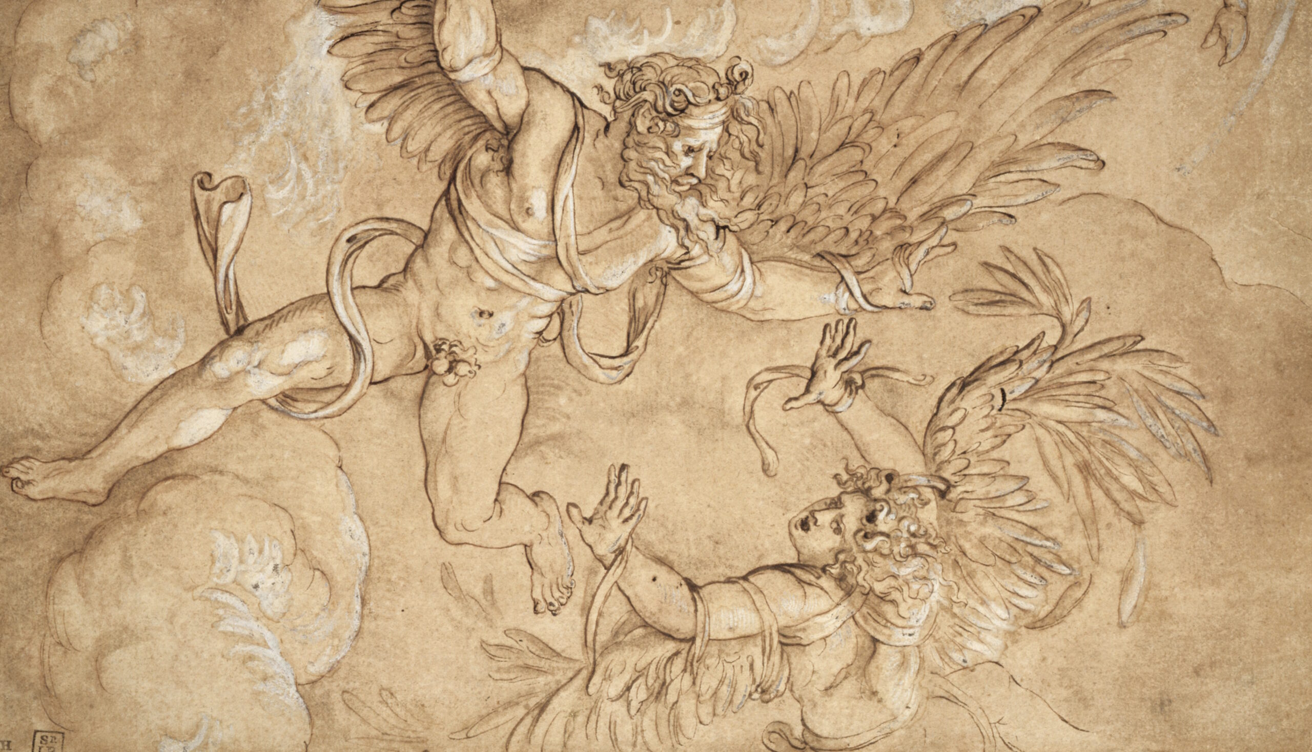 Full image of Cropped copy of Giulio Romano's Fall of Icarus, 16th century pen and brown ink depiction of Daedelus watching in horror as his son Icarus, who flew too close to the sun, falls away from him.