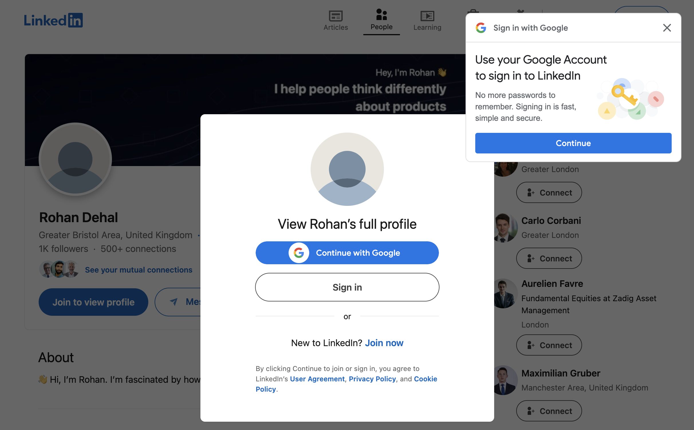 Full image of LinkedIn screenshot showing not one but two popups to try to encourage me to log in to see more content.