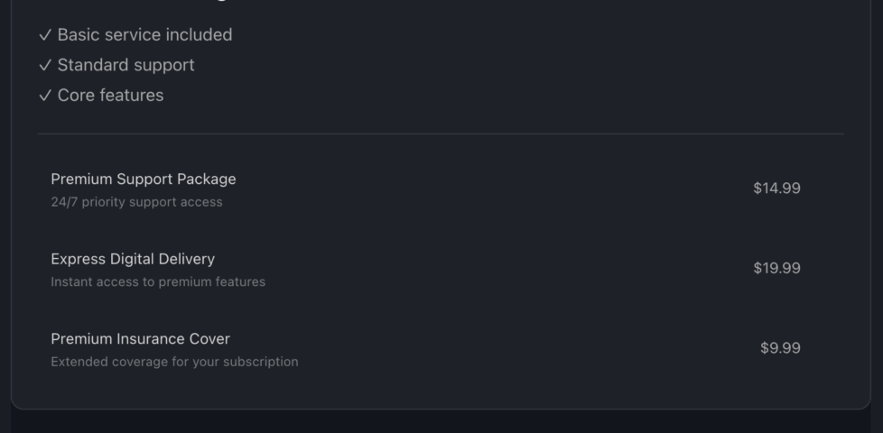 Screenshot showing a basket containing a 'premium package' including several optional add-ons, with no obvious way to remove those add-ons.