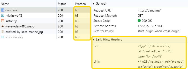 Full image of Browser network debugger showing danq.me being served over protocol 'h3' (HTTP/3) and an 'Early Hints Headers' section loading a WOFF2 font and a JavaScript file.