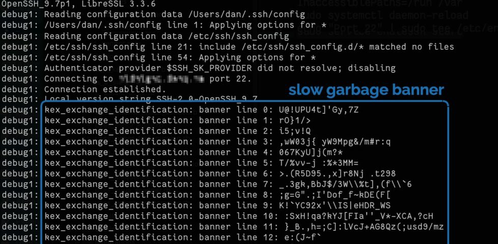 Screenshot showing SSH connection being established to an Endlessh server, which is returning line after line of randomly-generated text as a banner.