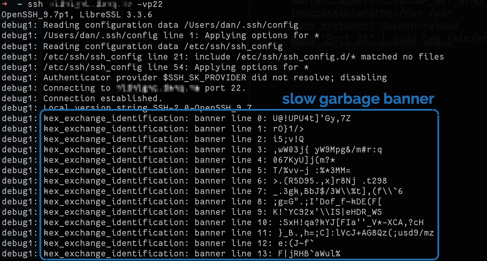 Full image of Screenshot showing SSH connection being established to an Endlessh server, which is returning line after line of randomly-generated text as a banner.