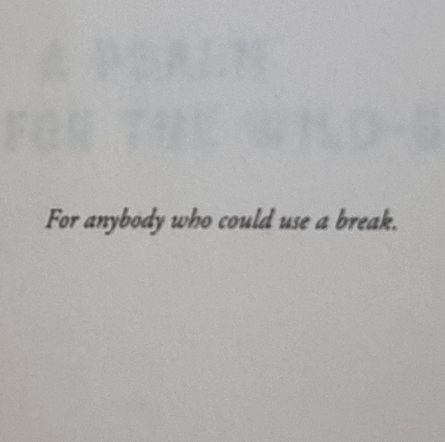 Full image of Printed serifed text reading: 'For anybody who could use a break.'