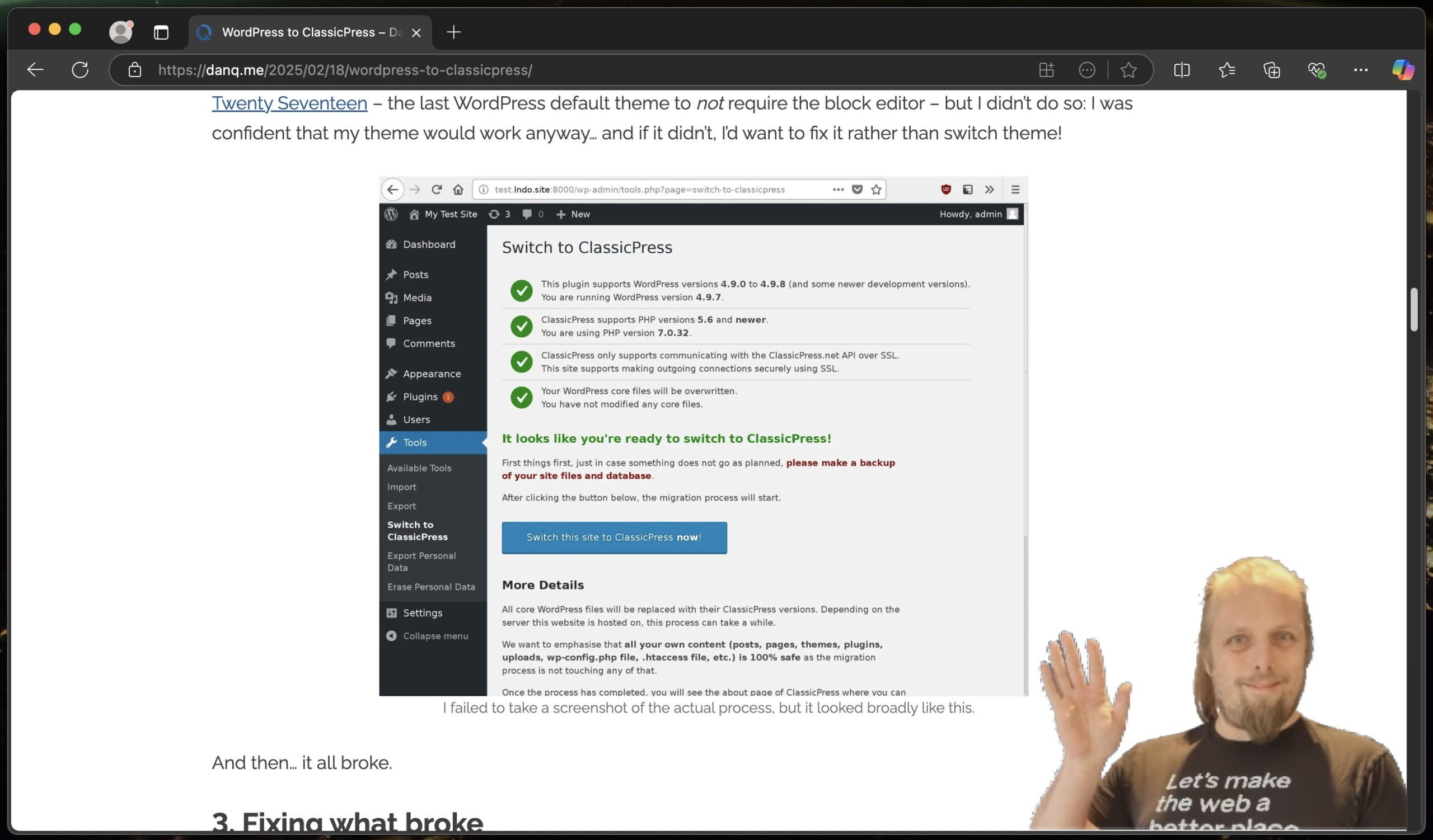 Full image of Screenshot of DanQ.me, with a transparent video overlay of Dan in the bottom right corner, waving.