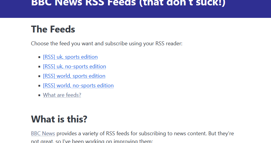 Screenshot of BBC News RSS Feeds (that don't suck!).
