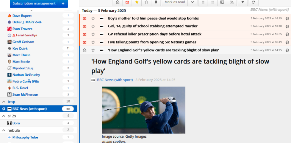 FreshRSS screenshot with many unread items, but focussing on a feed called "BBC News (with sport)" and showing a story titled: 'How England Golf's yellow cards are tackling blight of slow play'