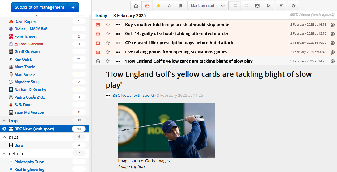 Full image of FreshRSS screenshot with many unread items, but focussing on a feed called "BBC News (with sport)" and showing a story titled: 'How England Golf's yellow cards are tackling blight of slow play'
