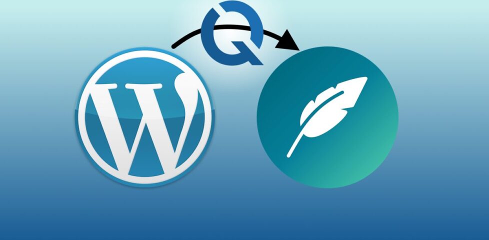 An arrow points from a WordPress logo to a ClassicPress logo, with the stylised/sliced 'Q' that is the icon of DanQ.me sitting atop the arrow.