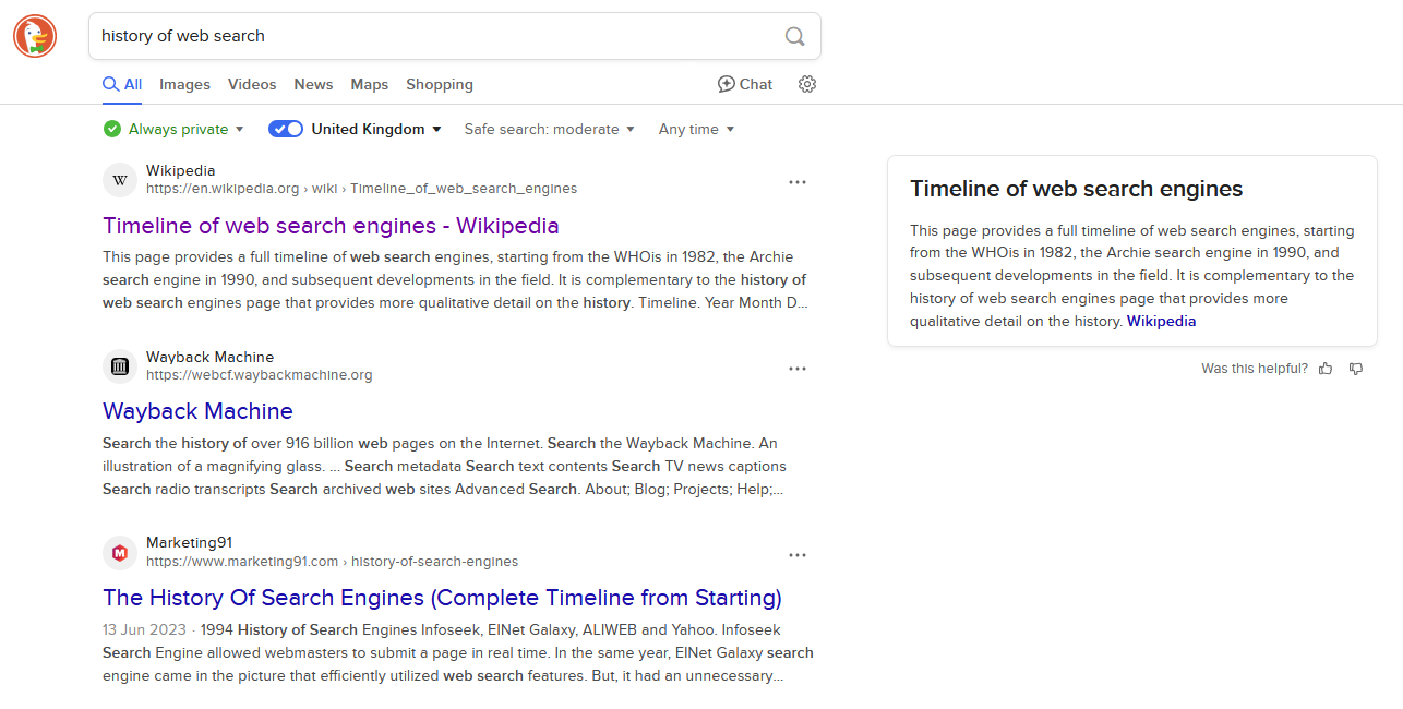 Full image of DuckDuckGo search for 'history of web search', showing 'Timeline of web search engines - Wikipedia' as the top result.