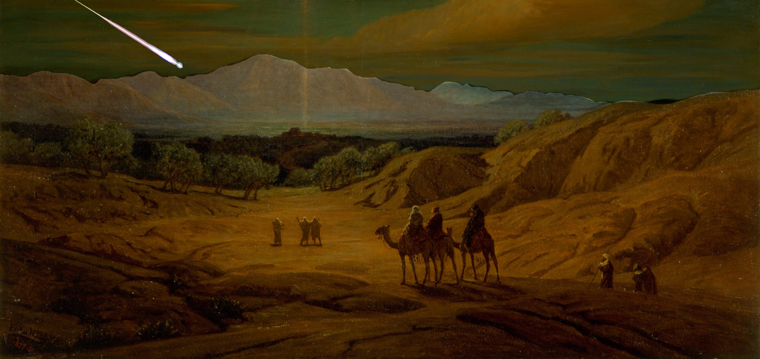 Full image of Edited watercolour of magi crossing a desert on camels, with a large meteor inserted into the sky.