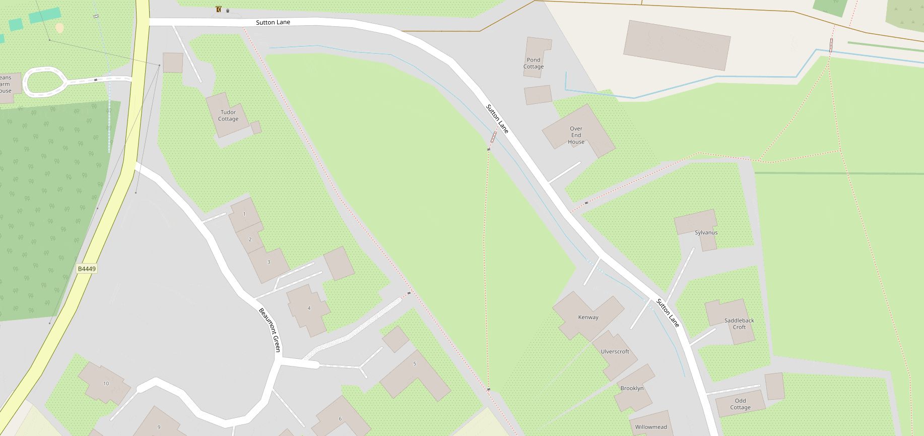 Full image of Animated GIF comparing maps of the Sutton Lane/Beaumont Green area of Sutton/Stanton Harcourt. Google Maps shows only the streets and building outlines, and the name of only one property, whereas OpenStreetMap also includes public footpaths, gates, bridges, house names, and land use indicators.