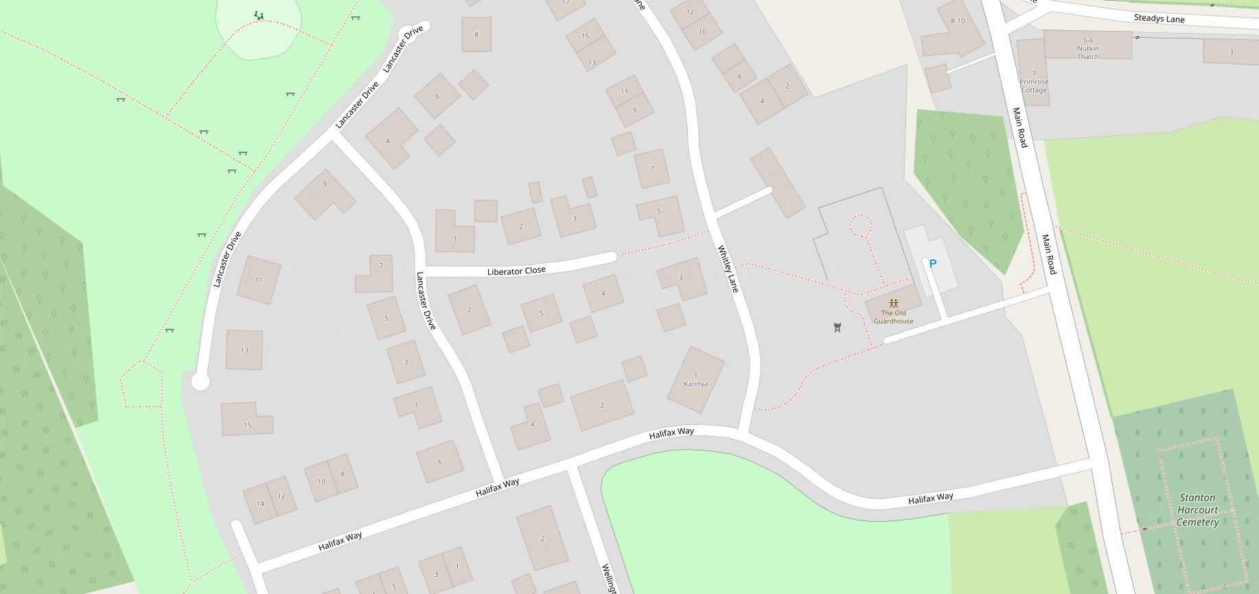 Full image of Animated GIF comparing maps of Halifax Way (the Hayfield Green estate) in Stanton Harcourt. Google Maps shows streets only, some of them not even named (and one of them obstructed by a nonexistent building). OpenStreetMap includes house numbers, footpaths, and even the locations of play equipment and benches.