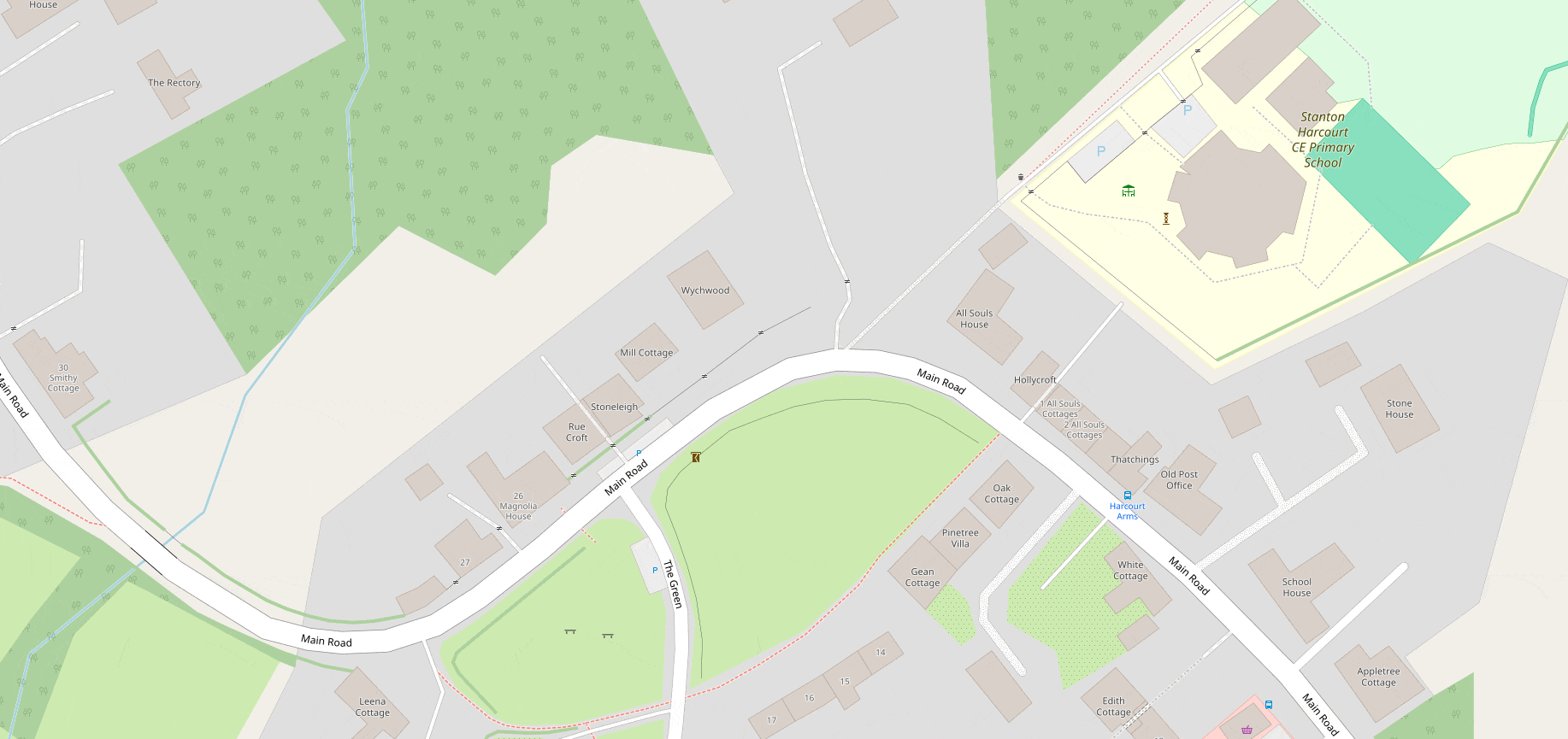 Full image of Animated GIF comparing maps of Main Road and The Green in Stanton Harcourt. Google Maps shows streets and building outlines, and the general location of the primary school (although not all of its buildings). OpenStreetMap includes all the same detail but also shows the location of the village green, several footpaths, benches, house names, and car parking areas.
