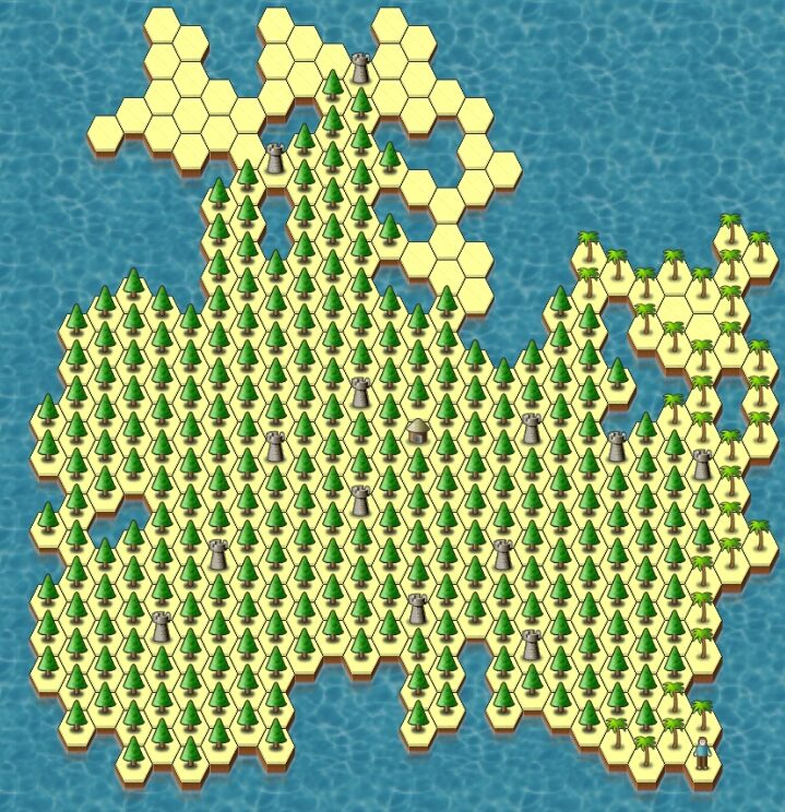 Full image of Hex-based videogame board, entirely owned by the yellow player, but with only a single solitary soldier standing alone. The rest of the island is heavily forested in pine and, along one coast, palm trees, with the exception of the far North beyond a line of castles.