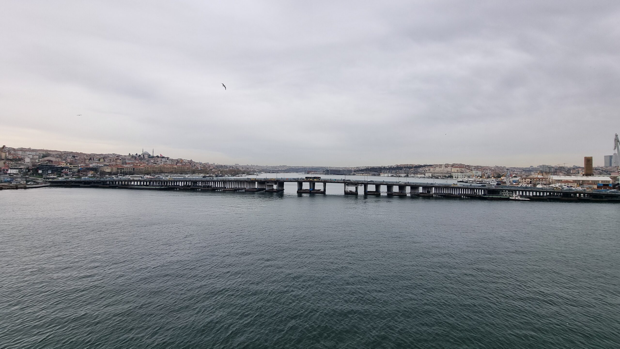 Full image of View from above a river, flanked by dense city on both sides, under an overcast sky.