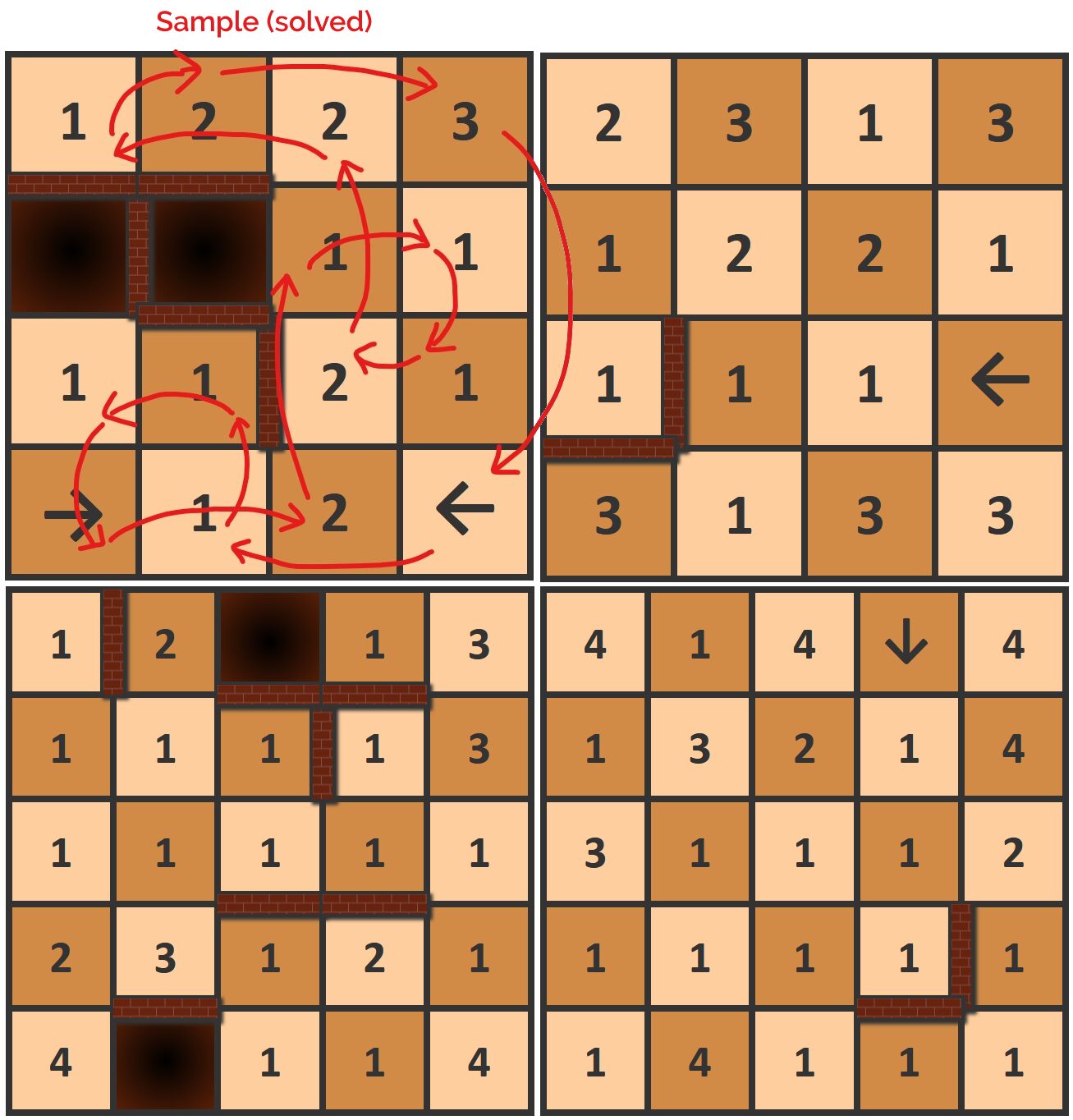 Full image of Four sample puzzles, one of them solved.