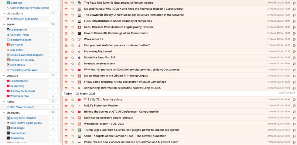 FreshRSS screenshot showing a variety of feeds categorised as Communities, Distractions, Geeky, YouTube, News, Strangers, etc. Posts from yesterday and today are visible.