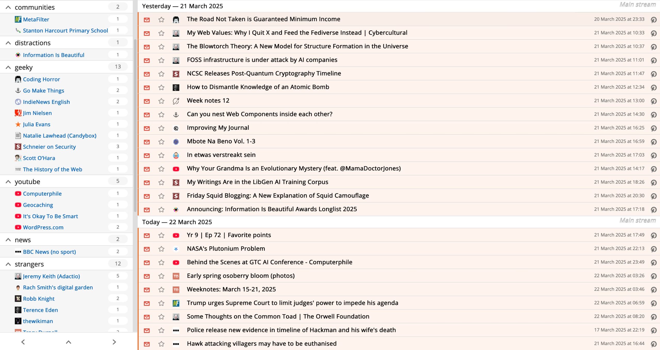 Full image of FreshRSS screenshot showing a variety of feeds categorised as Communities, Distractions, Geeky, YouTube, News, Strangers, etc. Posts from yesterday and today are visible.