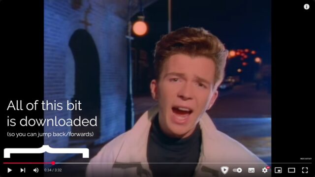 Screenshot from YouTube music video of Rick Astley's "Never Gonna Give You Up", 34 seconds in, showing Rick singing outdoors at night. the red YouTube progress bar goes a little over half way through the darker grey buffering indicator along the timeline bar.