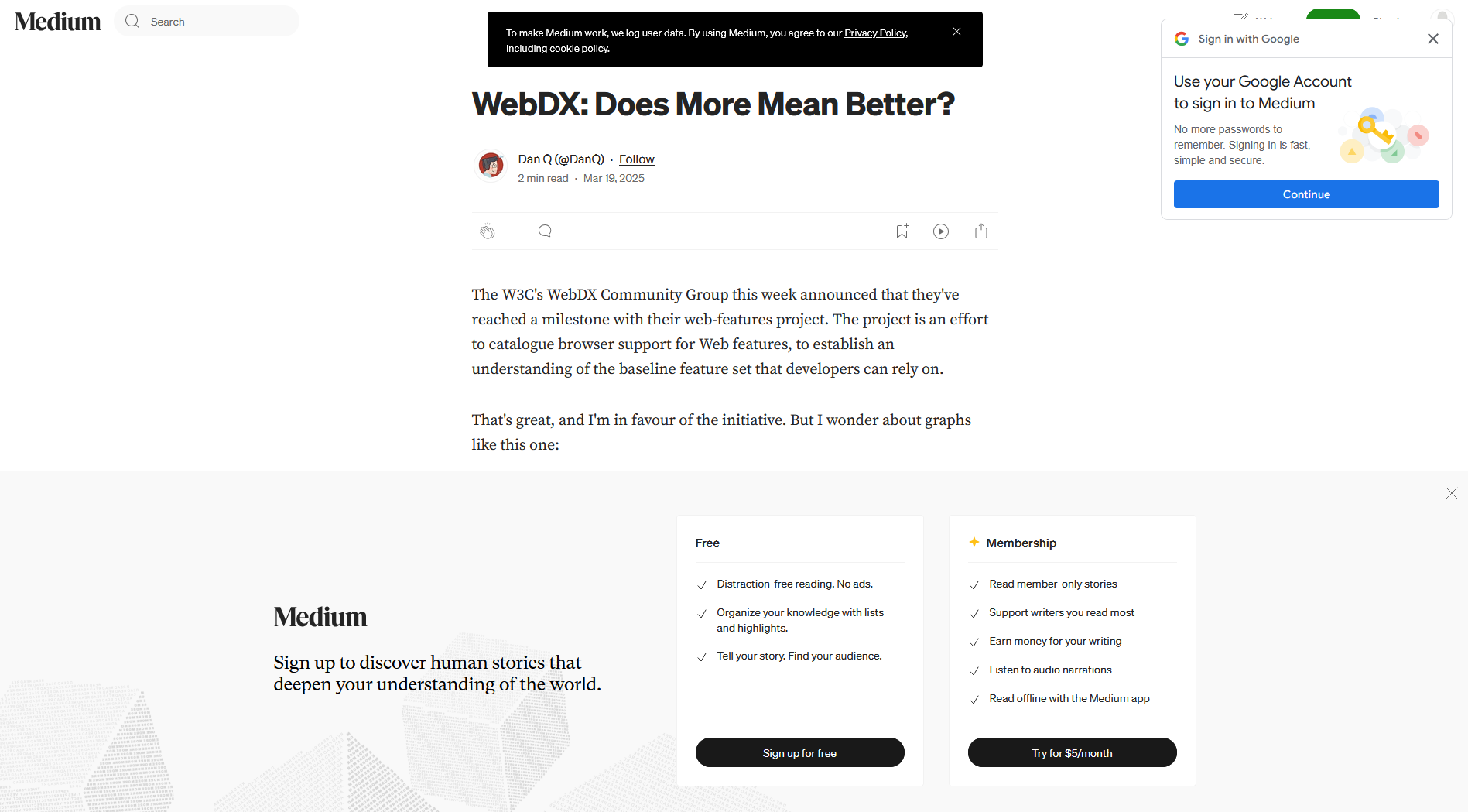 Full image of Simulated screenshot of this article but in Medium, with three annoying popups covering much of the content.