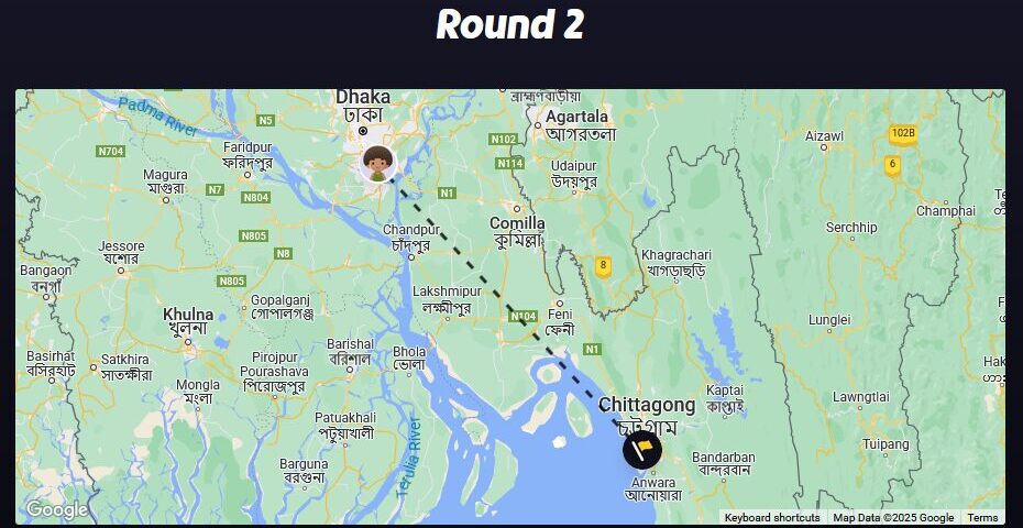GeoGuessr screenshot showing a guess in Dhaka being compared to the correct answer of Chittagong.