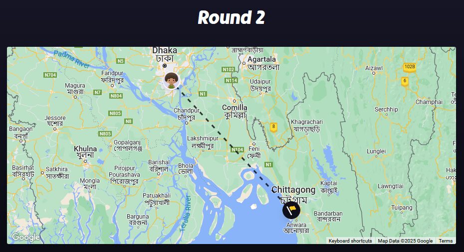 Full image of GeoGuessr screenshot showing a guess in Dhaka being compared to the correct answer of Chittagong.