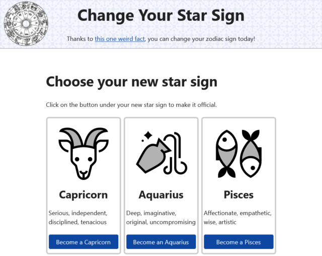 Screenshot from ChangeYourStarSign.com.